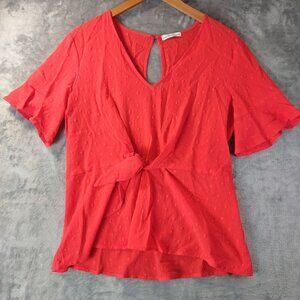 Dainty Hooligan Womens Tie Front Eyelit Top M Red Ruffle Sleeve Keyhole Romantic
